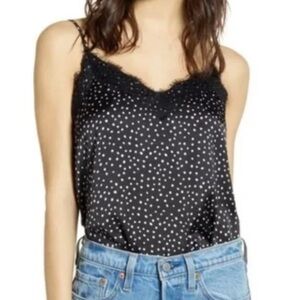Nordstrom BP Black Shite Polka Dot Lace Trim Cami Lightweight Tank Top Size SML